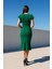 Kadın Simli Elbise Kol Pileli Yırtmaç Detaylı Elbise M-Yeşil 2