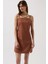 Ip Askılı Yırtmaç Detay Keten Mini Elbise L-Kahverengi 1