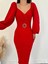 Kadın Kalp Yaka Sırt Dekolteli Kemer Toka Detay Midi Boy Elbise S-Kırmızı 3