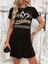 Kadın Kısa Kollu Bisiklet Yaka Desenli Viskon Elbise 2xl-3xl-Siyah 2