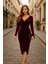 Kadın Uzun Kollu Kruvaze Yaka Belden Büzgü Detay Midi Kadife Elbise 2xl-3xl-Bordo 1
