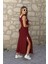 Kadın Yırtmaç Detaylı Viskon Kumaş Maxi Boy Cepli Iç Dahil Ikili Elbise 2xl-3xl-Bordo 2