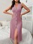 Kadın V Yakalı Önden Düğmeli Kaşkorse Elbise Pembe-L-Xl 1