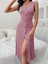 Kadın V Yakalı Önden Düğmeli Kaşkorse Elbise Pembe-L-Xl 5