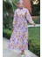 Kadın Uzun Çiçek Yaprak Desenli Belden Bağlamalı Elbise 38-Lila 5