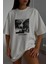 Kadın %100 Pamuk Oversize Bisiklet Yaka Baskılı Beyaz Baskılı T-Shirt 2