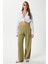 Kadın Lana Keten Pamuk Haki Palazzo Pantolon 2