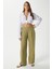 Kadın Lana Keten Pamuk Haki Palazzo Pantolon 4
