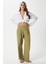 Kadın Lana Keten Pamuk Haki Palazzo Pantolon 5
