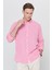 Erkek Fuşya Comfort Fit Rahat Kesim Düğmeli Yaka Casual Keten Gömlek 2