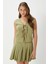Kadın Zera Keten Pamuk Haki Yelek Bel Lastikli Etek Alt Üst Takım 4