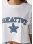 Kadın Creative Mavi Beyaz Nakışlı Crop T-Shirt 5