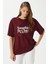 Kadın Something Kiraz Baskılı Bordo Oversize T-Shirt 1