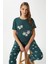 Kadın Bloom Yumuşak Doku Yeşil Çiçek Işlemeli Bisiklet Yaka Kısa Kollu Alt Üst Pijama Takımı 1