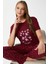 Kadın Garden Yumuşak Doku Bordo Çiçek Desen Bisiklet Yaka Kısa Kollu Alt Üst Pijama Takımı 1