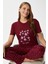 Kadın Garden Yumuşak Doku Bordo Çiçek Desen Bisiklet Yaka Kısa Kollu Alt Üst Pijama Takımı 2