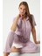 Kadın Spring Yumuşak Doku Lila Bahar Dalı Ön Düğmeli Kısa Kollu Pijama Takımı 1