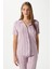 Kadın Spring Yumuşak Doku Lila Bahar Dalı Ön Düğmeli Kısa Kollu Pijama Takımı 2