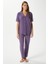 Kadın Star Yumuşak Doku Mor Yıldızlı Ön Düğmeli Kısa Kollu Pijama Takımı 4