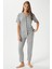 Kadın Spring Yumuşak Doku Gri Bahar Dalı Ön Düğmeli Kısa Kollu Pijama Takımı 1