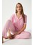 Kadın Elena Yumuşak Doku Pembe Çizgili Ön Düğme Kısa Kollu Pijama Takımı 1