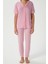 Kadın Elena Yumuşak Doku Pembe Çizgili Ön Düğme Kısa Kollu Pijama Takımı 8