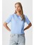 Kadın Rise Dekoratif Yaka Tok Doku %100 Pamuk Açık Mavi T-Shirt 1