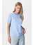 Kadın Rise Dekoratif Yaka Tok Doku %100 Pamuk Açık Mavi T-Shirt 2