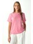 Kadın Rise Dekoratif Yaka Tok Doku %100 Pamuk Pembe T-Shirt 1