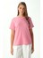 Kadın Rise Dekoratif Yaka Tok Doku %100 Pamuk Pembe T-Shirt 4