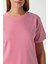 Kadın Rise Dekoratif Yaka Tok Doku %100 Pamuk Pembe T-Shirt 6