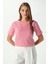 Kadın Rise Dekoratif Yaka Tok Doku %100 Pamuk Pembe T-Shirt 8