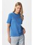 Kadın Rise Dekoratif Yaka Tok Doku %100 Pamuk Mavi T-Shirt 1