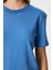 Kadın Rise Dekoratif Yaka Tok Doku %100 Pamuk Mavi T-Shirt 2