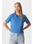 Kadın Rise Dekoratif Yaka Tok Doku %100 Pamuk Mavi T-Shirt 3