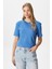 Kadın Rise Dekoratif Yaka Tok Doku %100 Pamuk Mavi T-Shirt 7