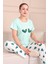 Kadın Kalp Baskılı Sloganlı Kısa Kol Altı Uzun Penye Pijama Takımı Turkuaz 3