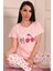 Kadın Mood Sloganlı Vişne Desenli Kısa Kol Pijama Takımı Pudra 1