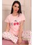 Kadın Mood Sloganlı Vişne Desenli Kısa Kol Pijama Takımı Pudra 2