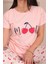 Kadın Mood Sloganlı Vişne Desenli Kısa Kol Pijama Takımı Pudra 3