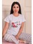 Made To Workship Sloganlı Çiçek Desenli Kısa Kol Alt Uzun Pijama Takımı Gri 1