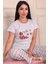 Made To Workship Sloganlı Çiçek Desenli Kısa Kol Alt Uzun Pijama Takımı Gri 2