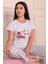 Made To Workship Sloganlı Çiçek Desenli Kısa Kol Alt Uzun Pijama Takımı Gri 4