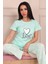 Kadın Love Sloganlı ve Baskılı Bisiklet Yaka Kısa Kol Altı Uzun Penye Pijama Takımı 1
