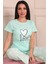Kadın Love Sloganlı ve Baskılı Bisiklet Yaka Kısa Kol Altı Uzun Penye Pijama Takımı 2