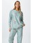 Kadın Ely Premium Bisiklet Yaka Mint Penguen Süet Doku Yılbaşı Pijama Takımı 2