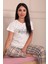 Kadın Casual Active Sloganlı Altı Ekose Desenli Kısa Kol Alt Uzun Pijama Takımı 4