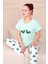 Kadın Kalp Baskılı Sloganlı Kısa Kol Altı Uzun Penye Pijama Takımı Turkuaz 2