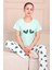 Kadın Kalp Baskılı Sloganlı Kısa Kol Altı Uzun Penye Pijama Takımı Turkuaz 4