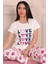 Love Sloganlı Altı Kalp Desenli Bisiklet Yaka Kısa Kollu Pijama Takımı Beyaz 1